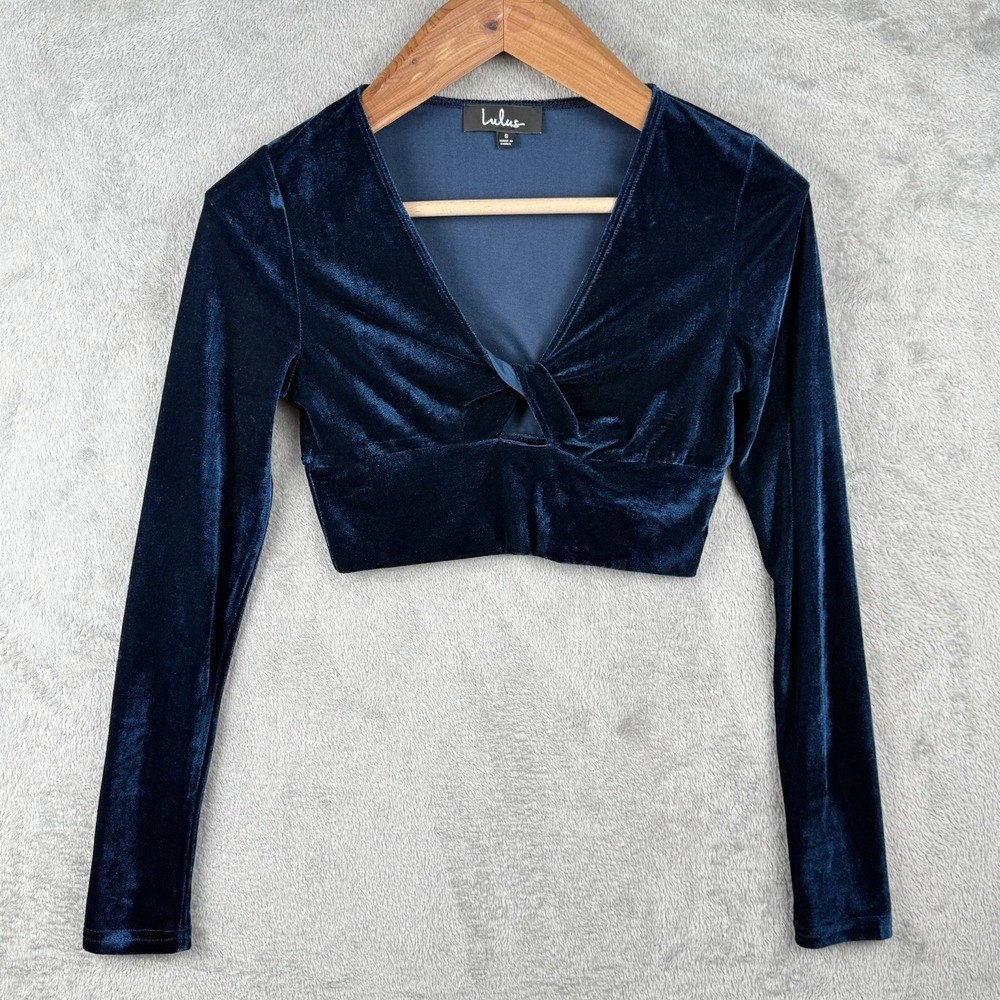 Lulus Crushed Velvet Twist-Front Crop Top Womens S Navy Blue Festive‎ V-Neck